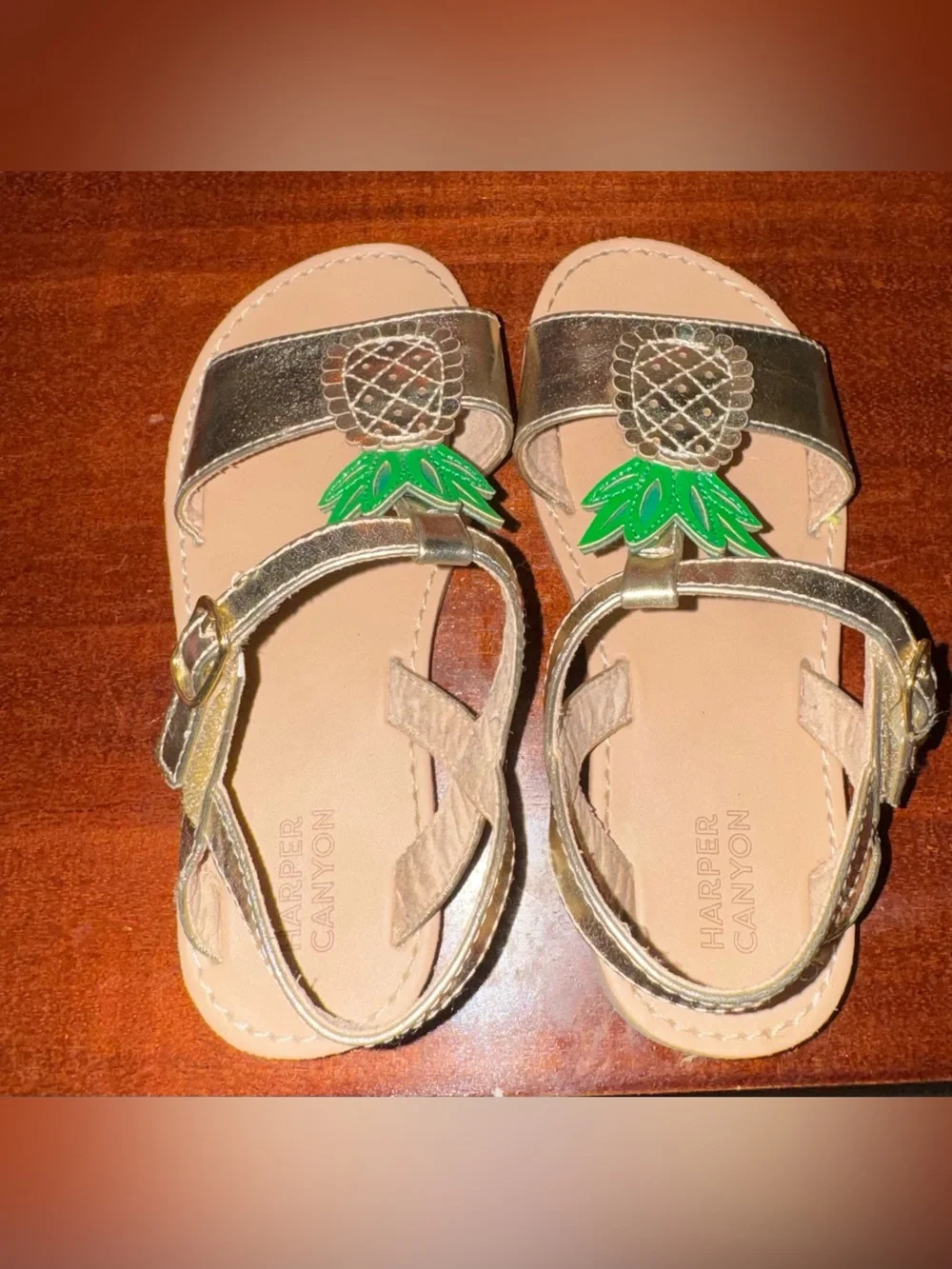 Harper Canyon Metallic Gold Kids Sandals with Green Pineapple Accent